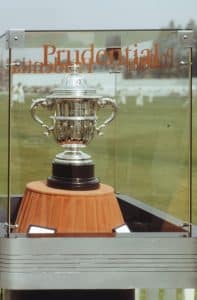 A cricket prize behind glass