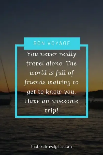 Bon voyage message: You never really travel alone. The world is full of friends waiting to get to know you. Have an awesome trip!