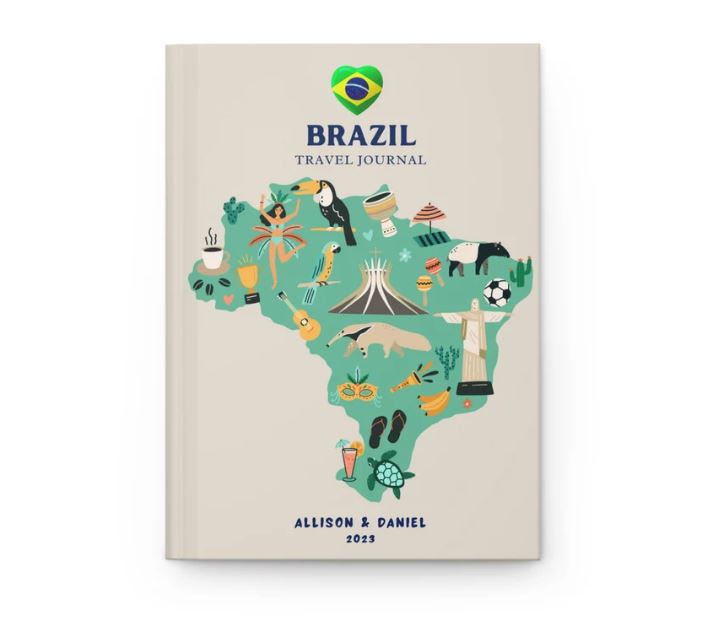 A travel journal with an animated map of Brazil and two names