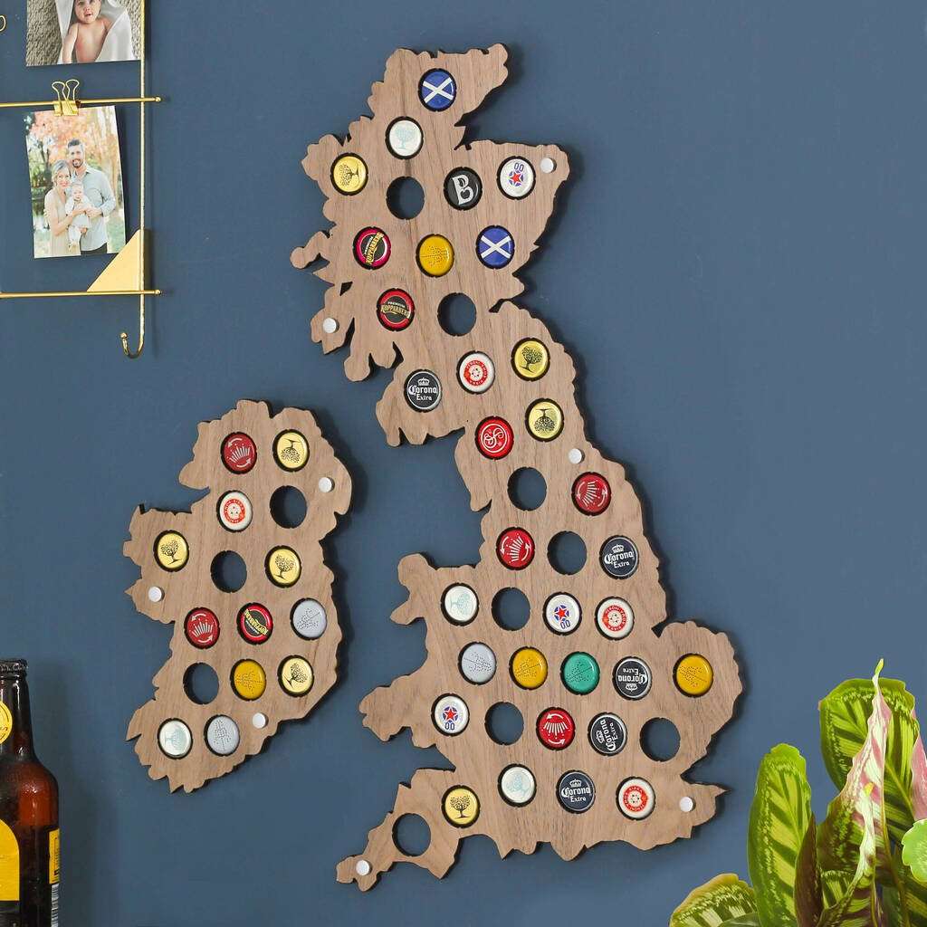 Map of the UK with holes for beer caps