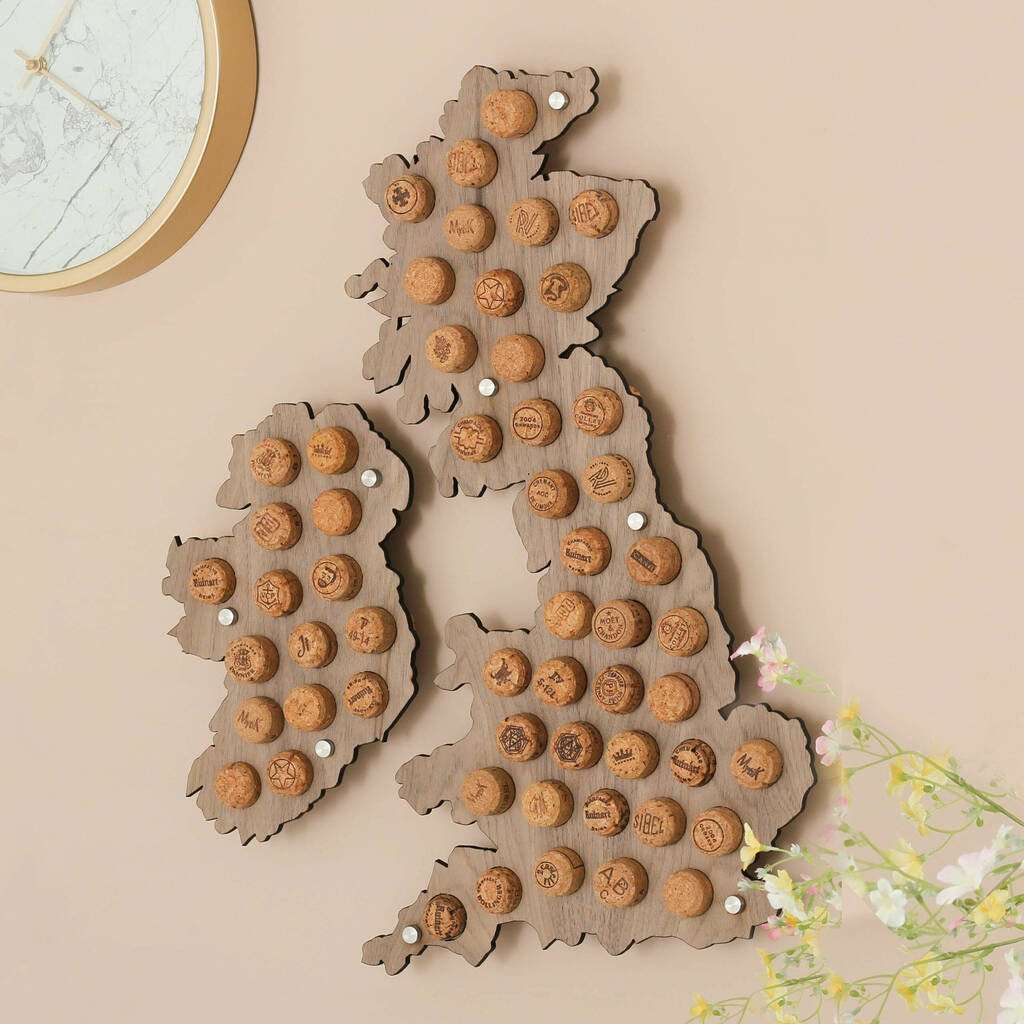 Map of the UK with holes for wine corks