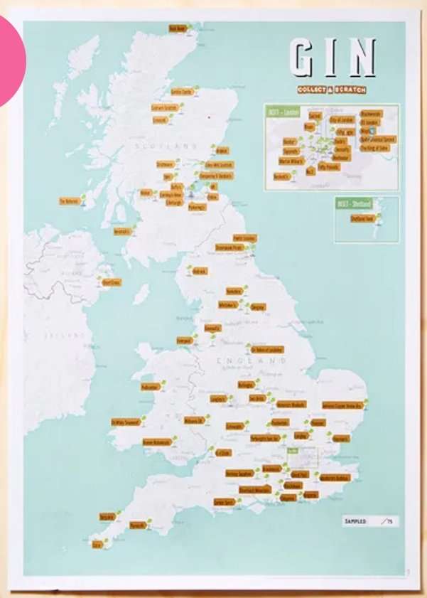 Scratch map of the UK with gin distilleries