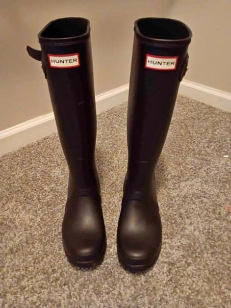 A pair of black rain boots from the UK brand Hunter