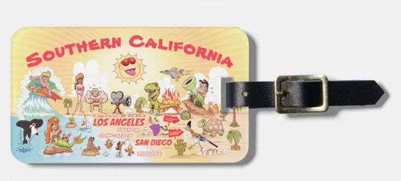 Luggage tag with Southern California cartoon