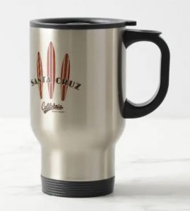 Travel mug with surf board and Santa Cruz