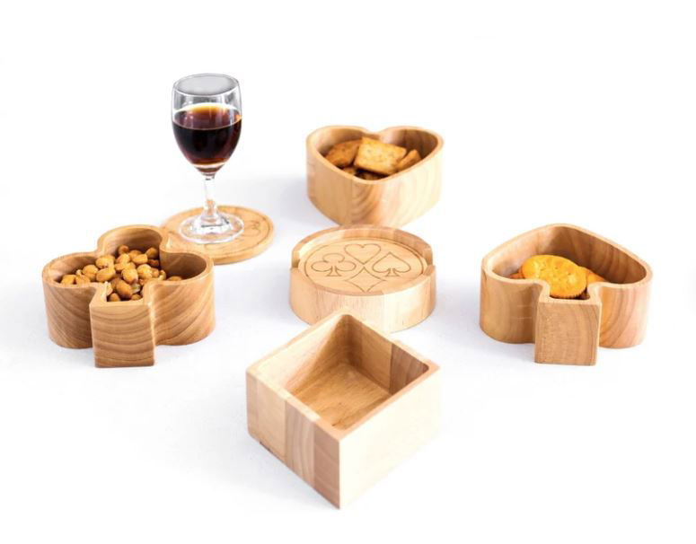 Wooden bowls in the shape of the suits of playing cards