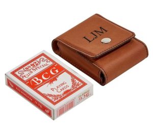 A leather case holder for a deck of cards