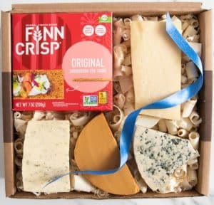 A cheese gift basket with cheese from Scandinavian countries