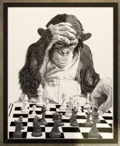 A poster of a monky playing chess