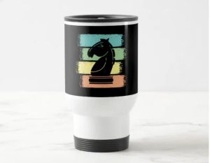 A white travel mug with an image of a chess horse piece