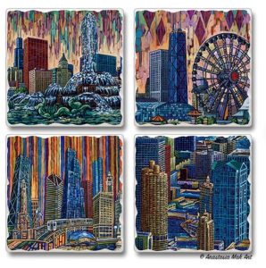 Set of four colorful coasters with iconic buildings from Chicago
