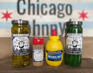 Chicago gifts Four jar and cans of typical ingredients needed to make the Chicago hot dog