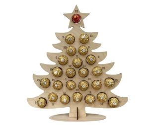 A photo of a wooden Christmas tree as advent calendar filled with chocolate
