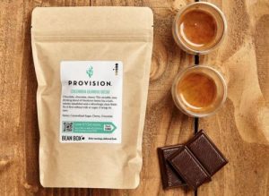 A bag of coffee beans from Colombia