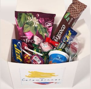 A box filled with typical snacks from Colombia