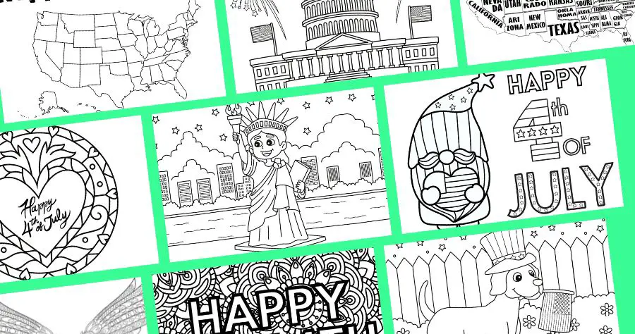 nine different 4th of July coloring pages with a green background