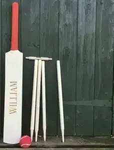 A cricket bat, ball and poles with a personalized text