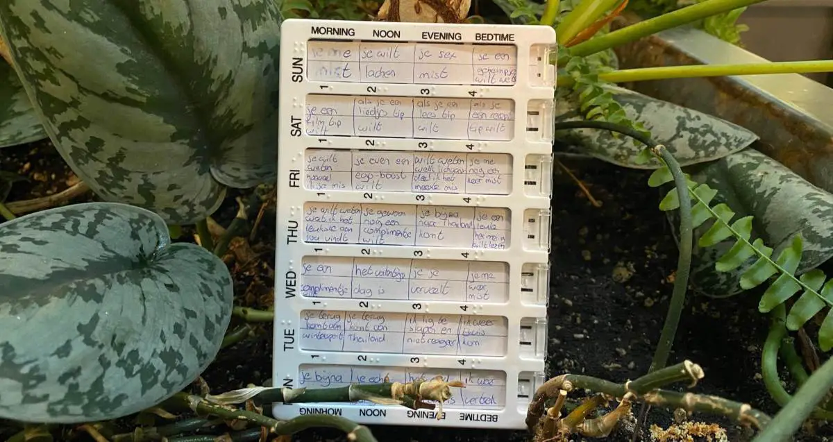 An "open when" pill box surrounded by grass