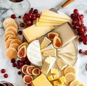 A cheese platter with different kinds of cheeses from Europe