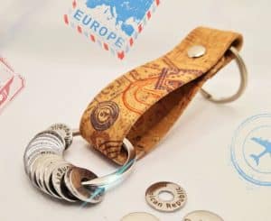 A leather keychain with metal rings from different countries