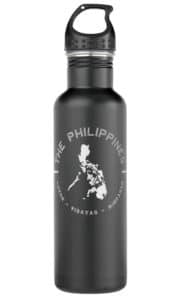 A black water bottle with the map of the Philippines