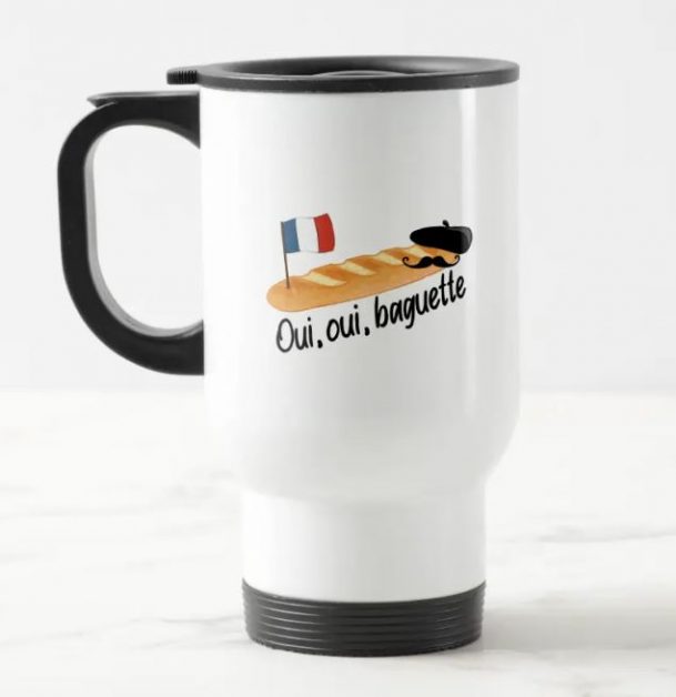 Travel mug with a baguette