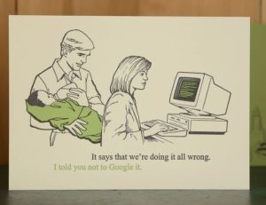 Funny baby quotes card with "it says we're doing it all wrong"