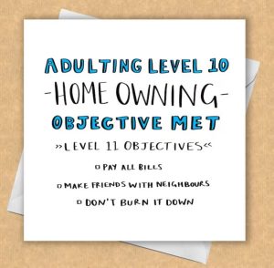 Funny housewarming quote card about adulting levels