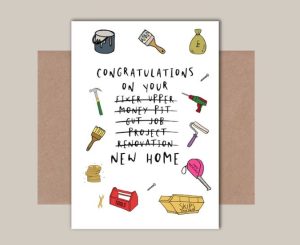 Funny new home quotes cards with striped through text