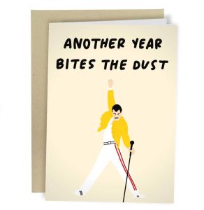 Funny freddy mercury card with "another year bites the dust"