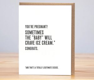 Funny pregnancy wishes card with jokes about cravings