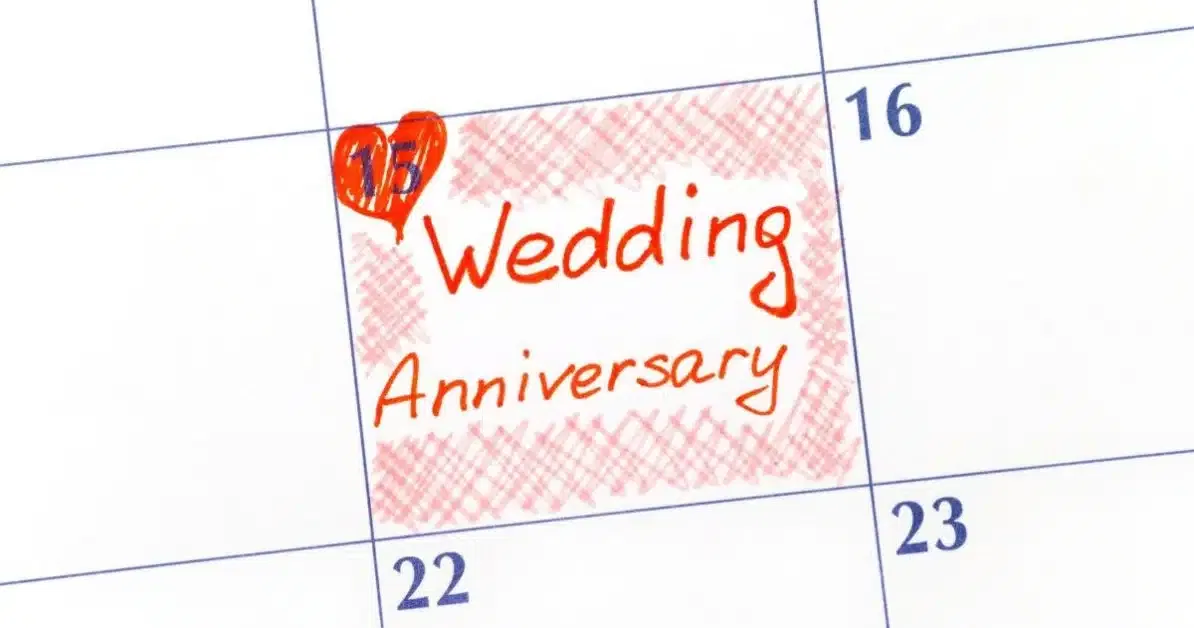 A calendar with the 15th marked as wedding anniversary