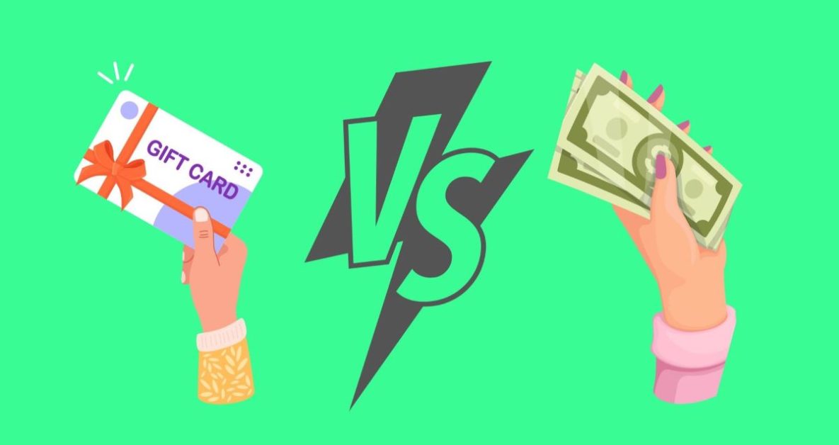 An image of hands holding cash and gift cards