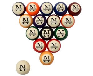A set of pool balls with a custimized name