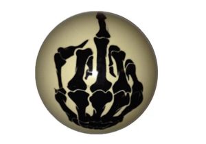 A white cue ball with a skeleton hand thats holding it's middle finger