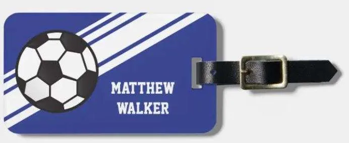 Luggage tag with soccer ball