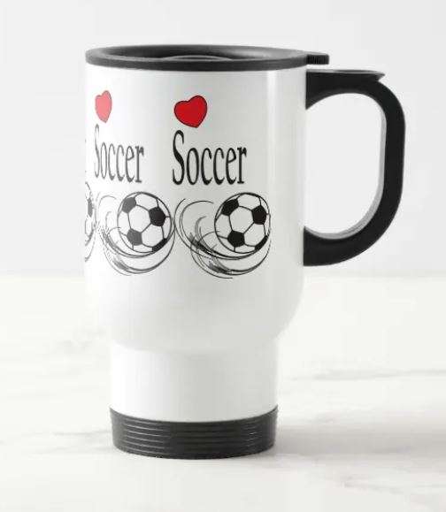 Travel mug with I love soccer