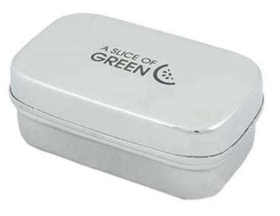 A steel container that sais a slice of green