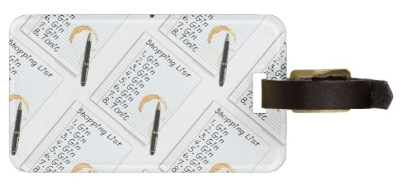 Luggage tag with gin shopping list