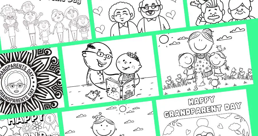 Nine different coloring sheets with grandparents and grandchildren