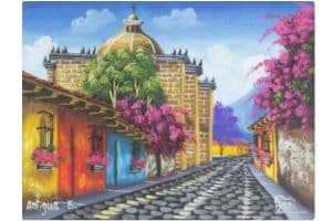 A painting of a cobbled street in Antigua