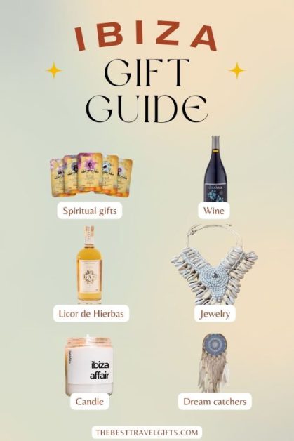 Ibiza gift guide with six photos of typical gifts from Ibiza such as wine and jewelry