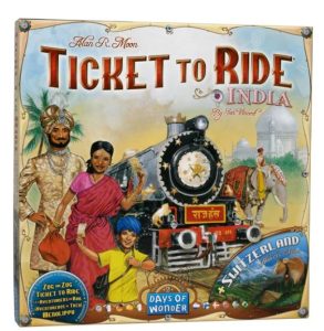 The box of a board game called "Ticket to Ride; India"