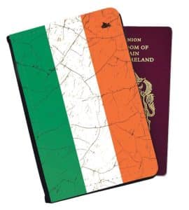 A passport cover with the flag of Ireland
