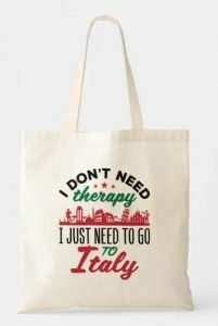 Tote bage with text about Italy