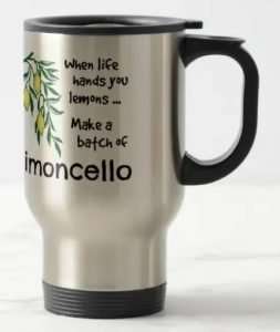 Travel mug with text about limoncello