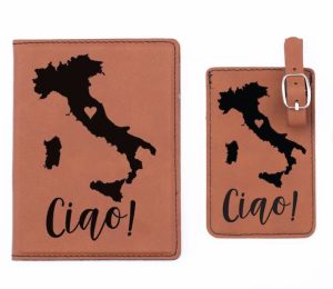 A passport cover and luggage tag with the map of Italy and "Ciao"