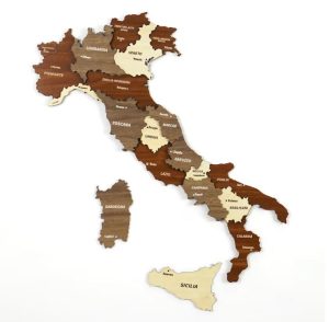A wooden map of Italy with the different provinces in different colors brown