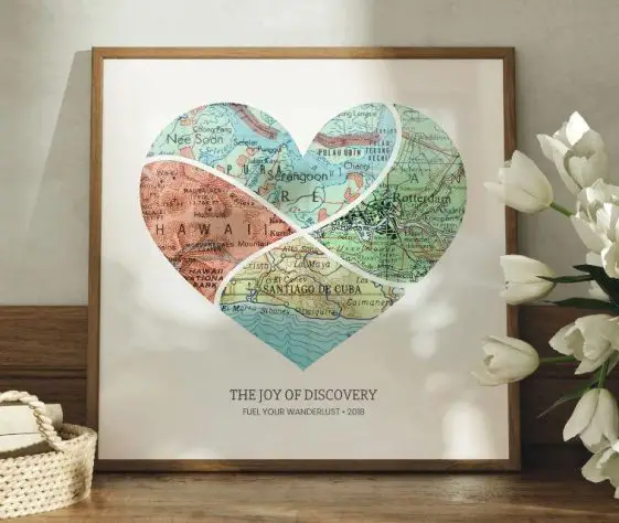 A poster of a heart made up from maps of different places in the world