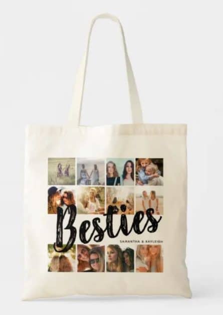 A tote bag with a collage of photos from friends